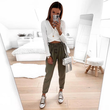 Loose High Waist Buttoned Foot Casual Pants