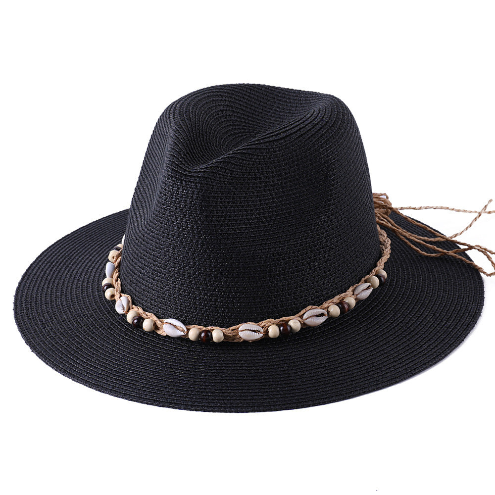 Female Summer Sun Hat with Seaside Shell Wooden Bead Band