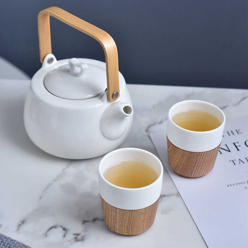 Japanese 3 Piece Bamboo and Porcelain Tea Set
