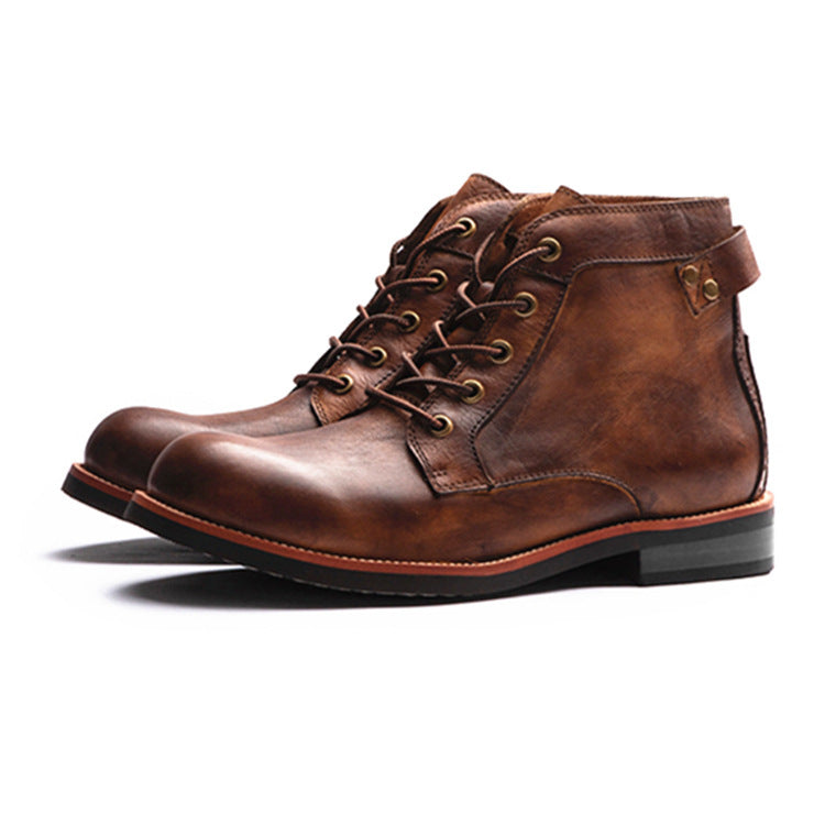 Retro Motorcycle Lace-up Leather Ankle Boots, Low Heel