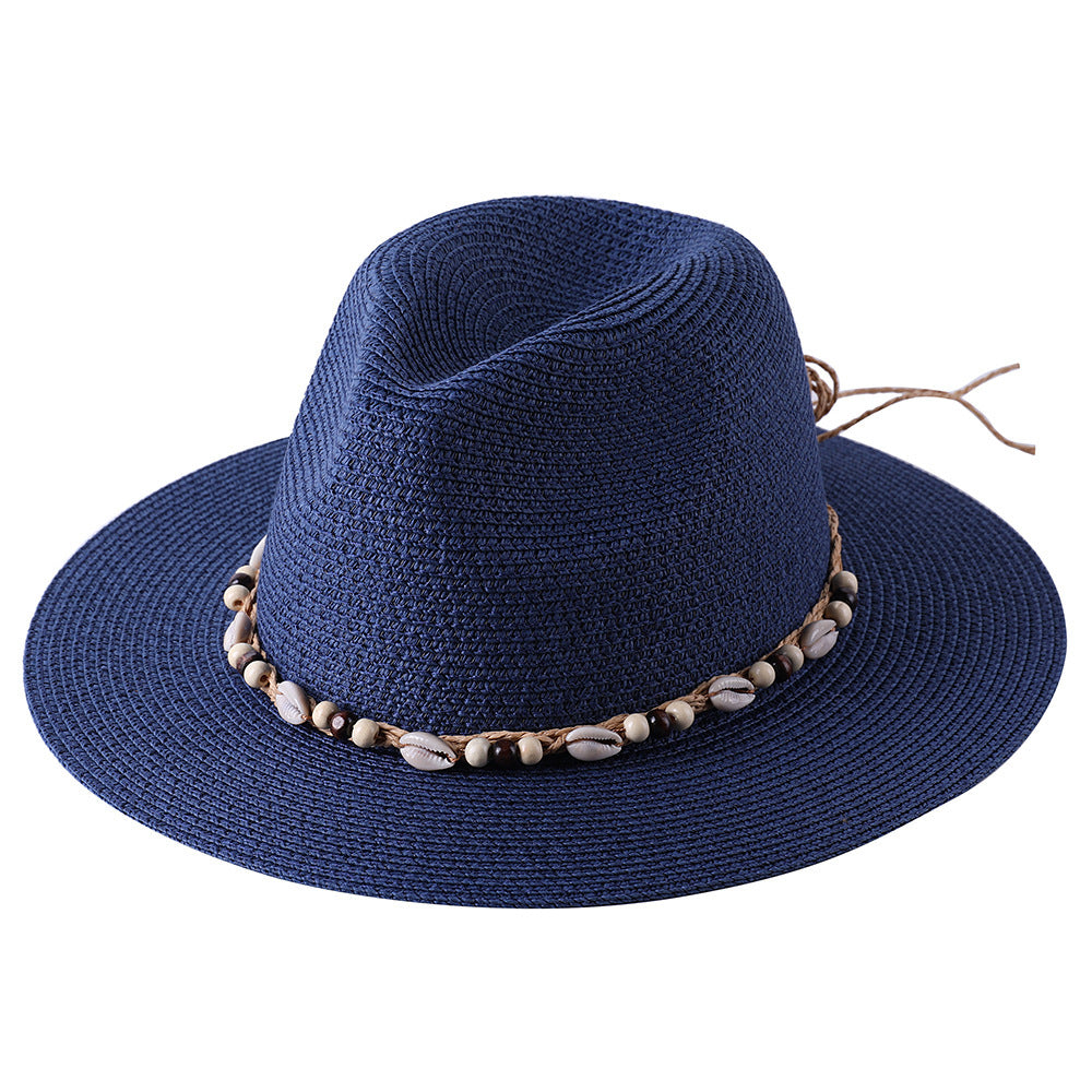Female Summer Sun Hat with Seaside Shell Wooden Bead Band