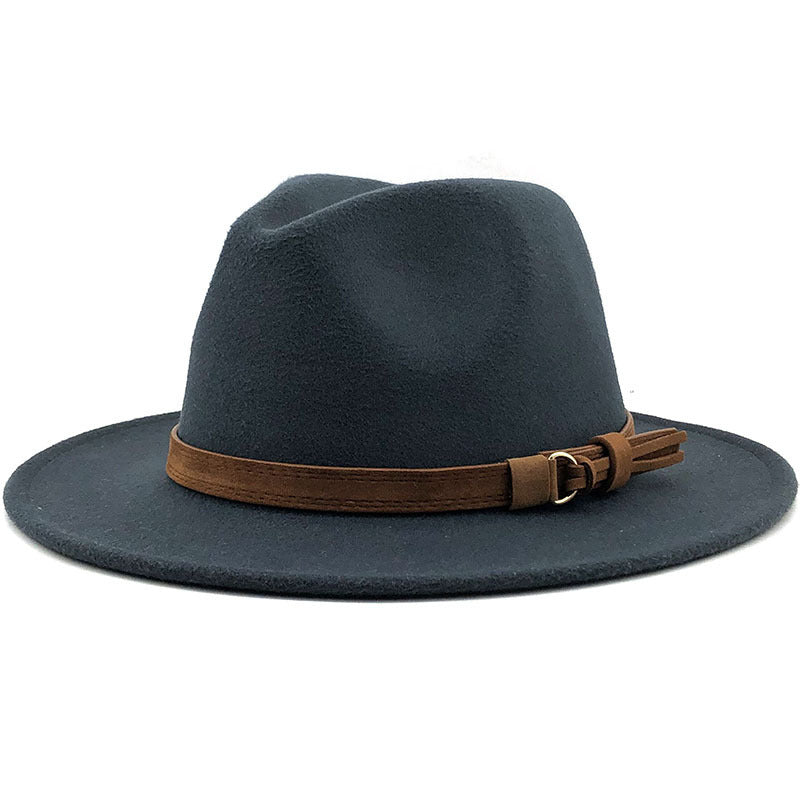 Suede Belt Wool Fedora Wide Brim Hat