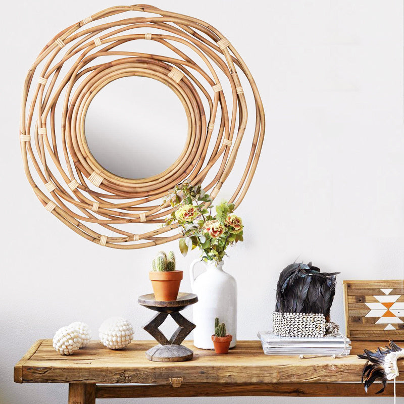 Nordic Round Handmade Rattan Bamboo Woven Decorative Mirror