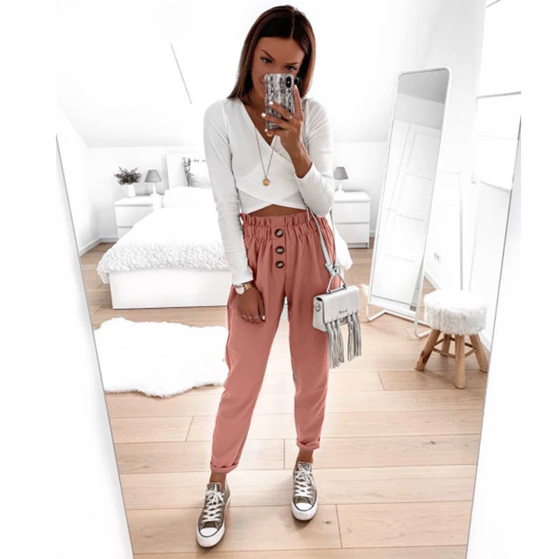 Loose High Waist Buttoned Foot Casual Pants