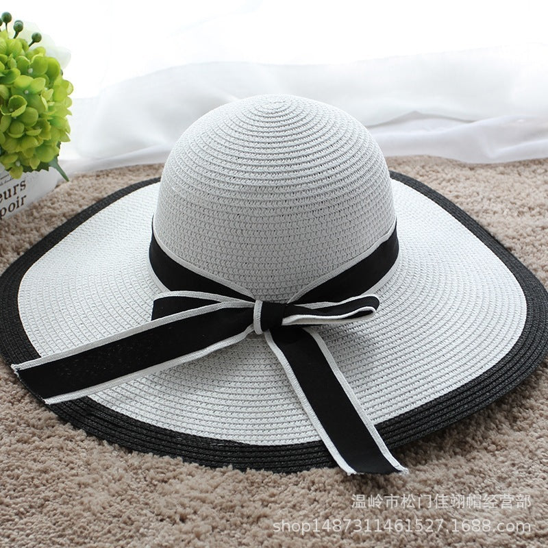 Hepburn Hat Wind Black White Striped Bowknot Summer Sun Hat, Women Straw Beach Hat Wide-Brim Cap