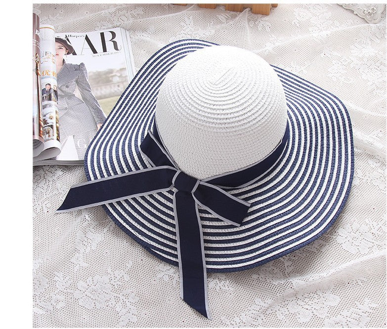 Hepburn Hat Wind Black White Striped Bowknot Summer Sun Hat, Women Straw Beach Hat Wide-Brim Cap