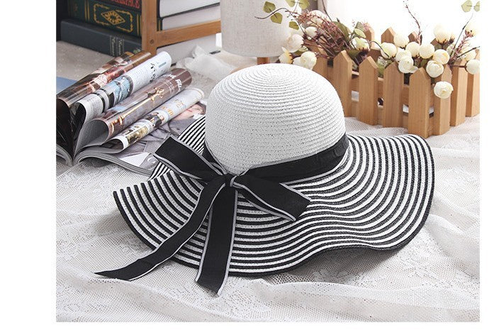 Hepburn Hat Wind Black White Striped Bowknot Summer Sun Hat, Women Straw Beach Hat Wide-Brim Cap
