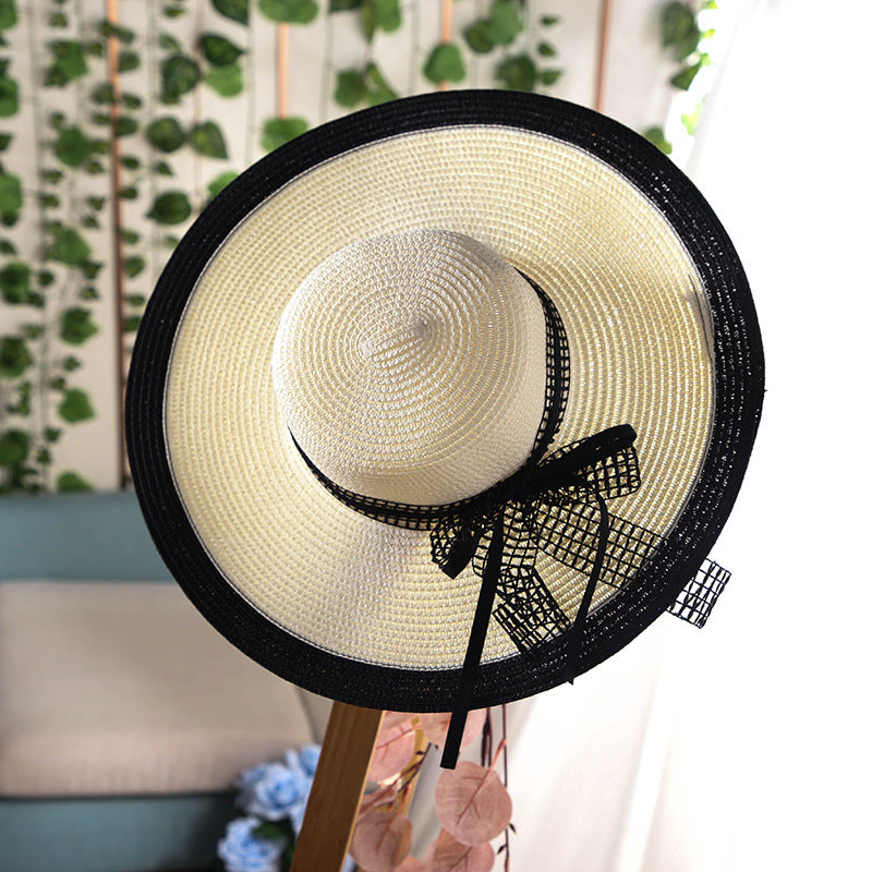 Hepburn Hat Wind Black White Striped Bowknot Summer Sun Hat, Women Straw Beach Hat Wide-Brim Cap