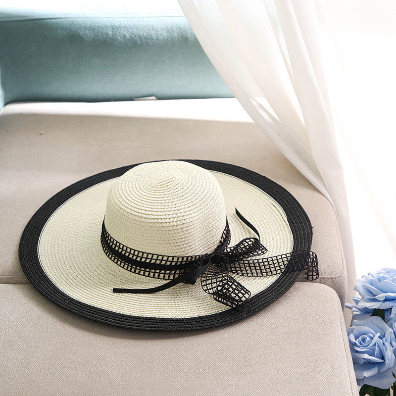 Hepburn Hat Wind Black White Striped Bowknot Summer Sun Hat, Women Straw Beach Hat Wide-Brim Cap