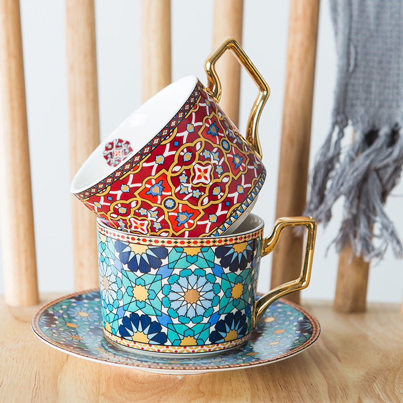 Moroccan Style Luxury Coffee Cup And Saucer Set With Gold Plated handle