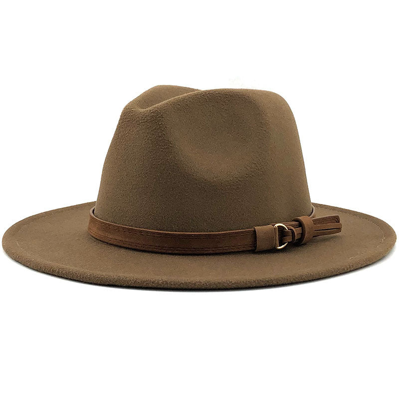 Suede Belt Wool Fedora Wide Brim Hat