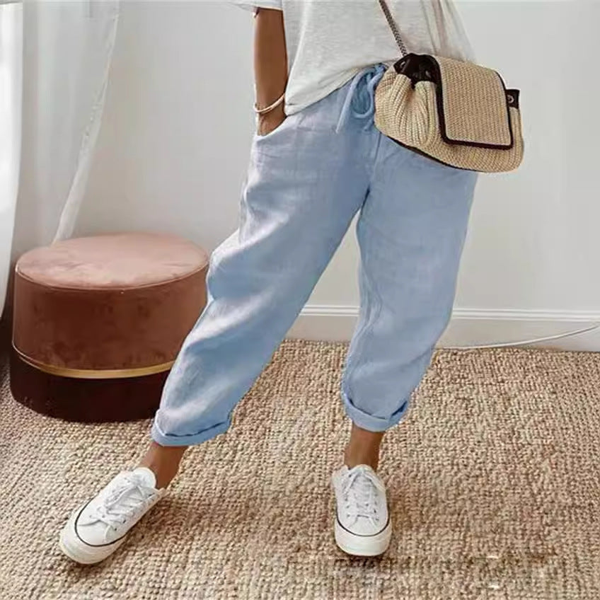 Cotton Linen Elastic-waist Cropped Casual Pants