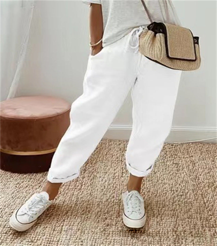Cotton Linen Elastic-waist Cropped Casual Pants