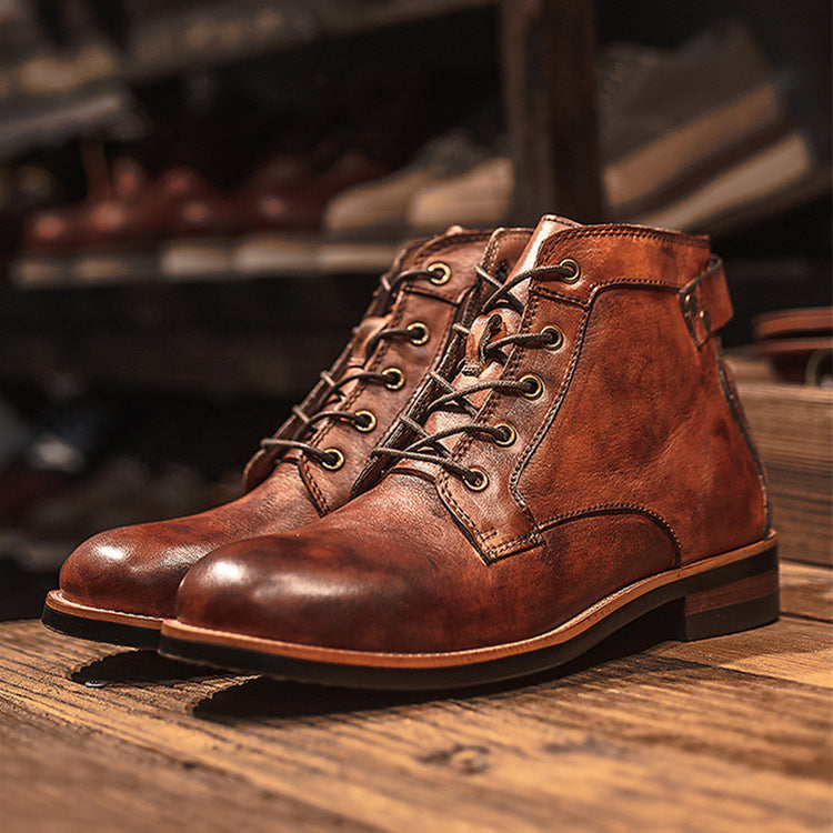 Retro Motorcycle Lace-up Leather Ankle Boots, Low Heel