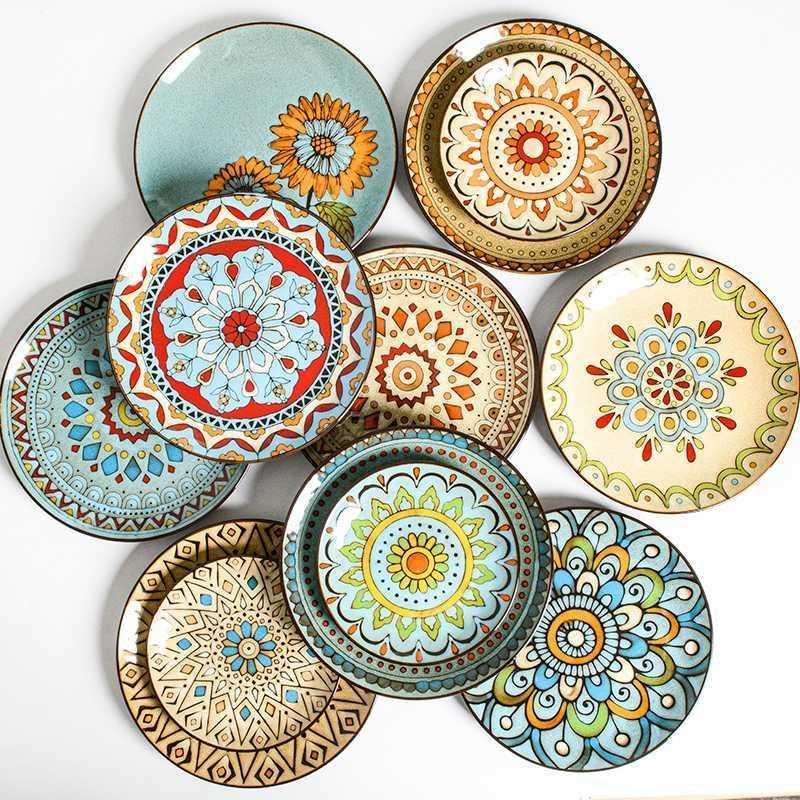 Hand painted ceramic round dinner plates