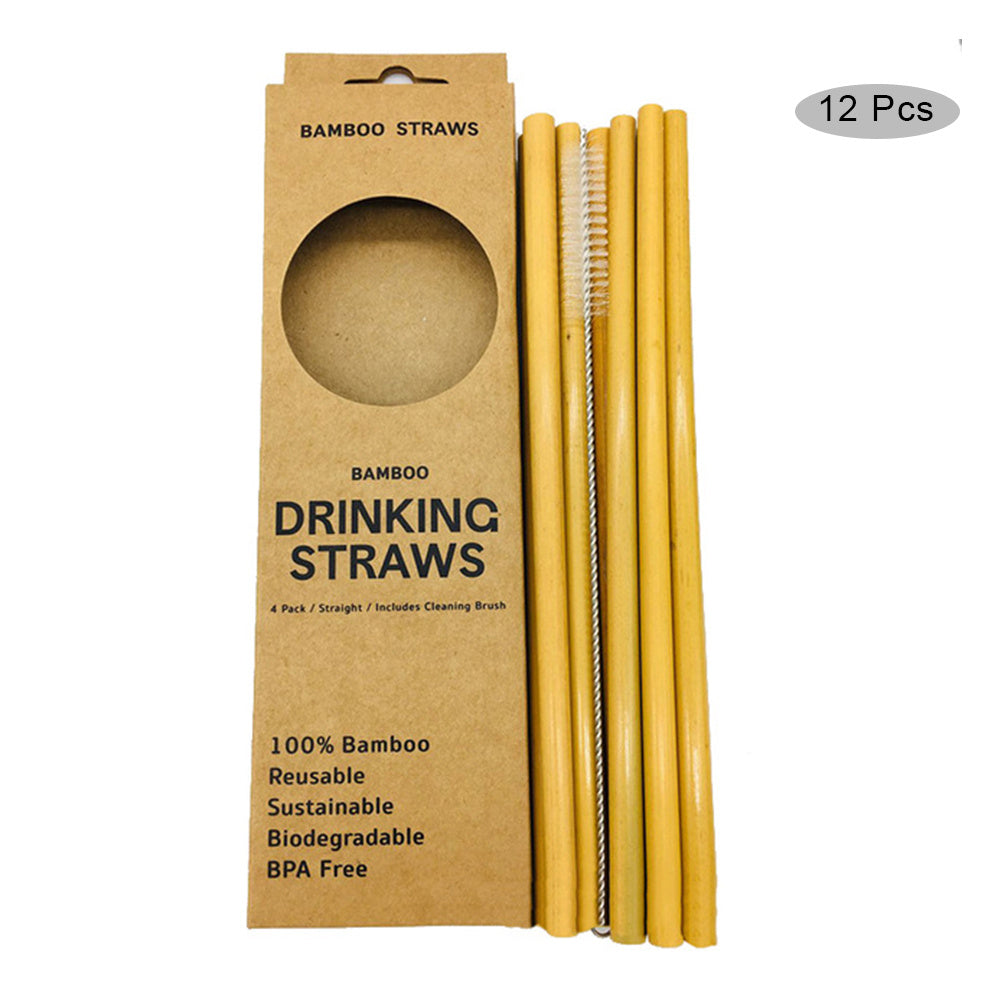 Natural Sustainable Bamboo Straws, 12 Pcs 1 Brush