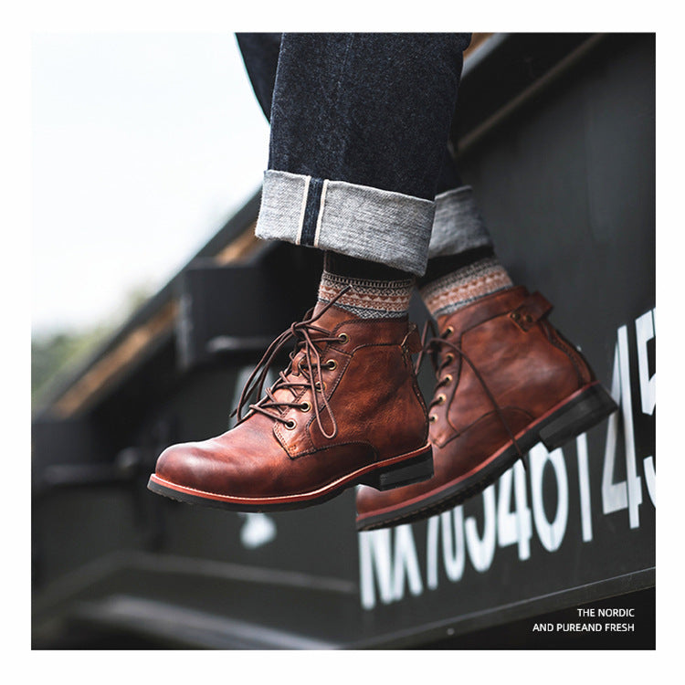 Retro Motorcycle Lace-up Leather Ankle Boots, Low Heel
