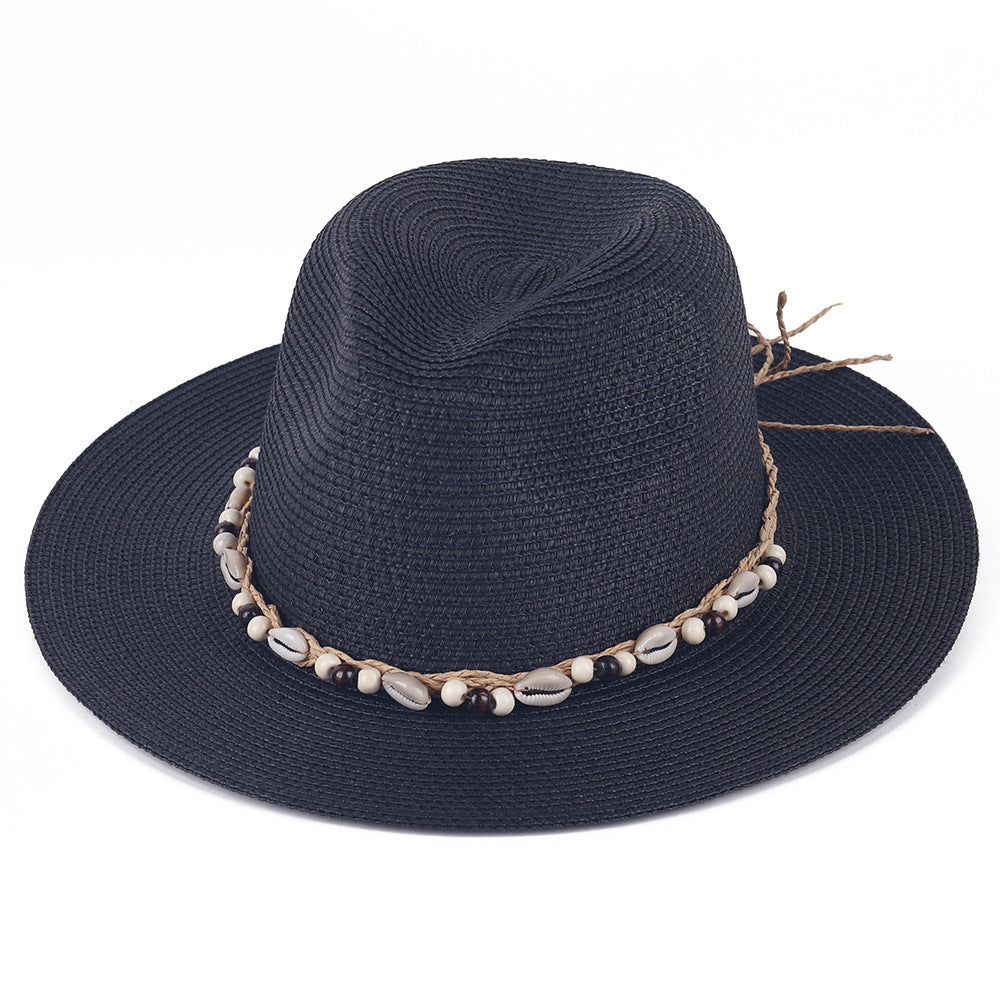 Female Summer Sun Hat with Seaside Shell Wooden Bead Band