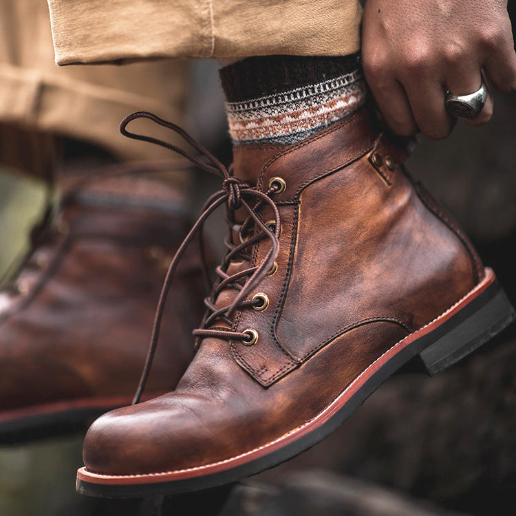 Retro Motorcycle Lace-up Leather Ankle Boots, Low Heel