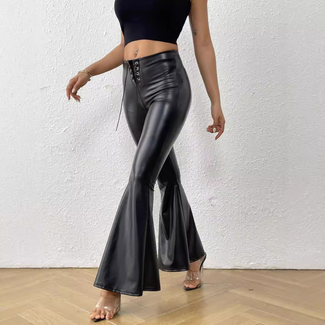 Black Leather Elastic Waist Bell-bottom Pants
