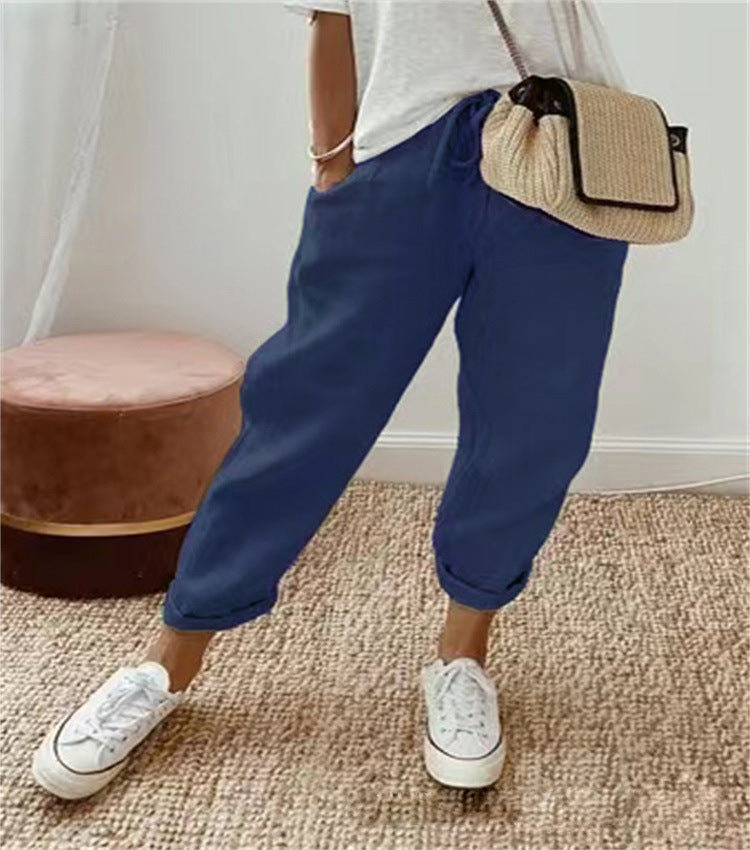 Cotton Linen Elastic-waist Cropped Casual Pants
