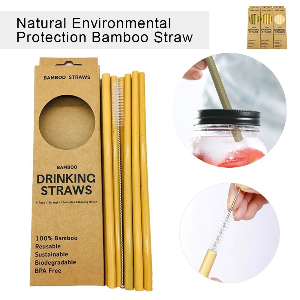 Natural Sustainable Bamboo Straws, 12 Pcs 1 Brush