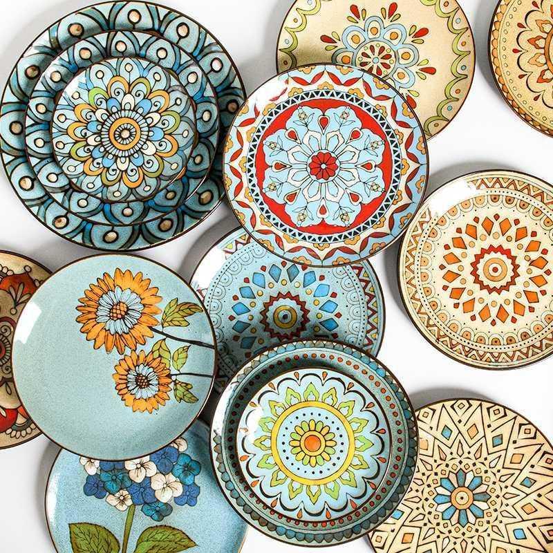 Hand painted ceramic round dinner plates
