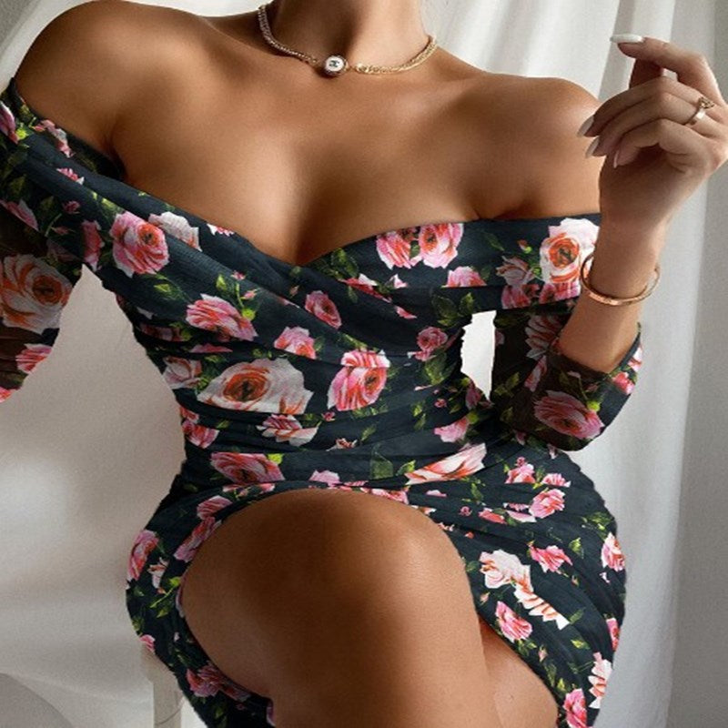 One-shoulder frilled mesh skirt