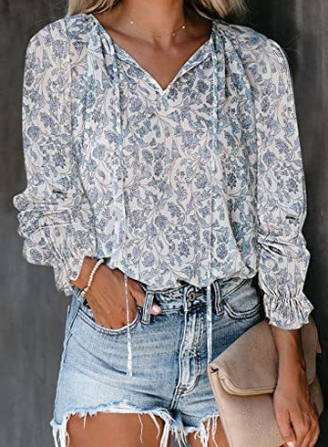 Long-sleeved V-neck Printed Shirt