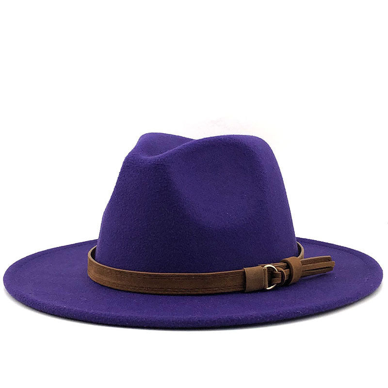 Suede Belt Wool Fedora Wide Brim Hat