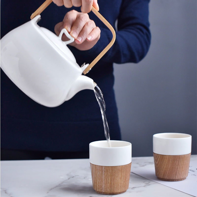 Japanese 3 Piece Bamboo and Porcelain Tea Set