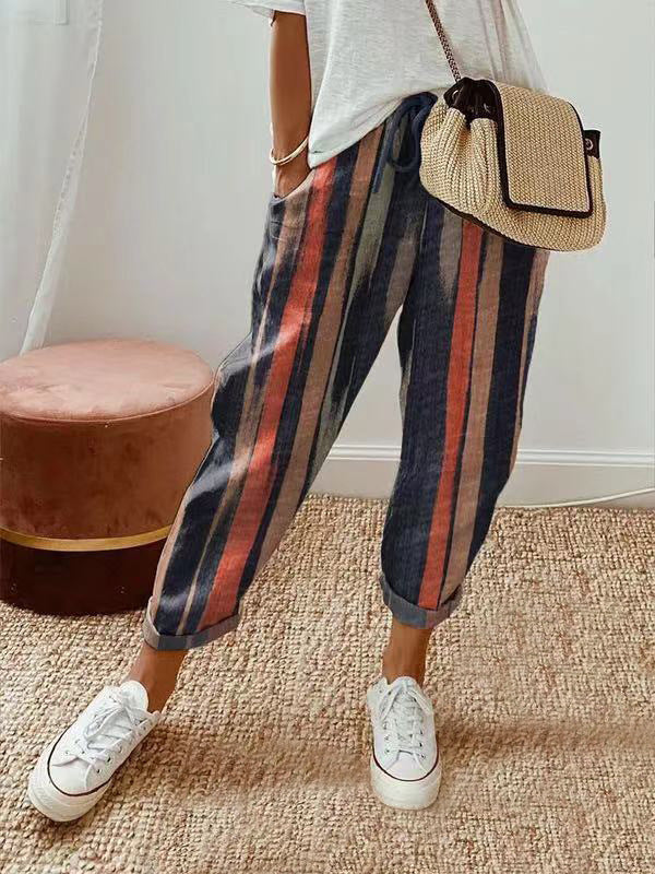 Cotton Linen Elastic-waist Cropped Casual Pants