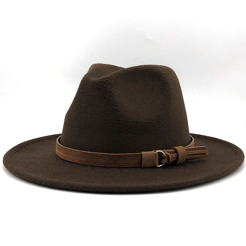 Suede Belt Wool Fedora Wide Brim Hat