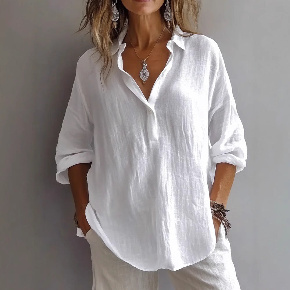 Loose Long Sleeve Linen V-neck Shirt