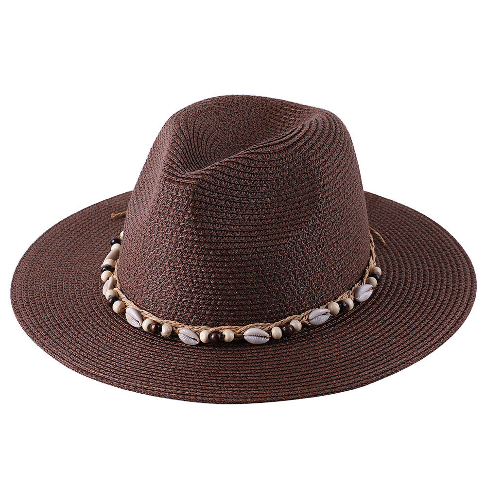 Female Summer Sun Hat with Seaside Shell Wooden Bead Band