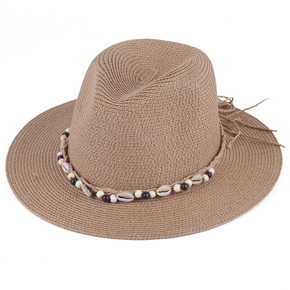 Female Summer Sun Hat with Seaside Shell Wooden Bead Band