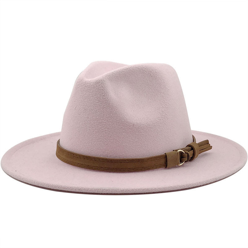 Suede Belt Wool Fedora Wide Brim Hat