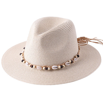 Female Summer Sun Hat with Seaside Shell Wooden Bead Band