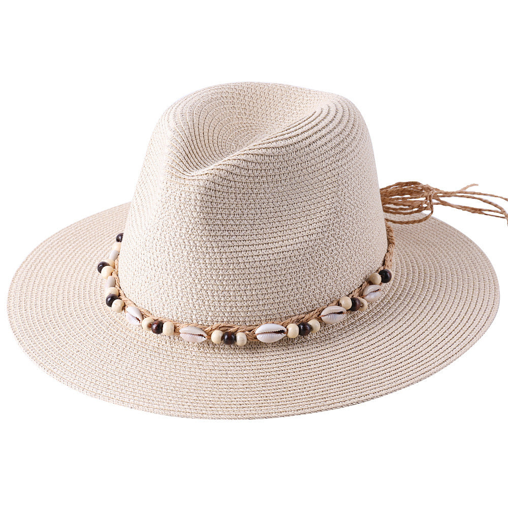Female Summer Sun Hat with Seaside Shell Wooden Bead Band