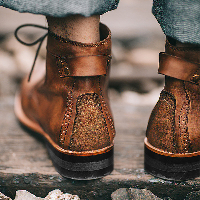 Retro Motorcycle Lace-up Leather Ankle Boots, Low Heel
