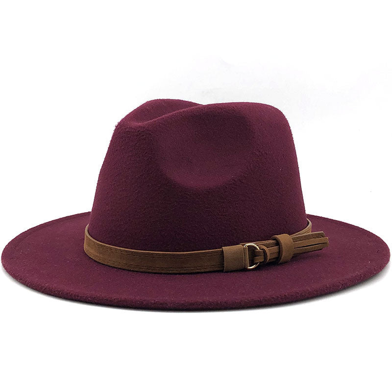 Suede Belt Wool Fedora Wide Brim Hat