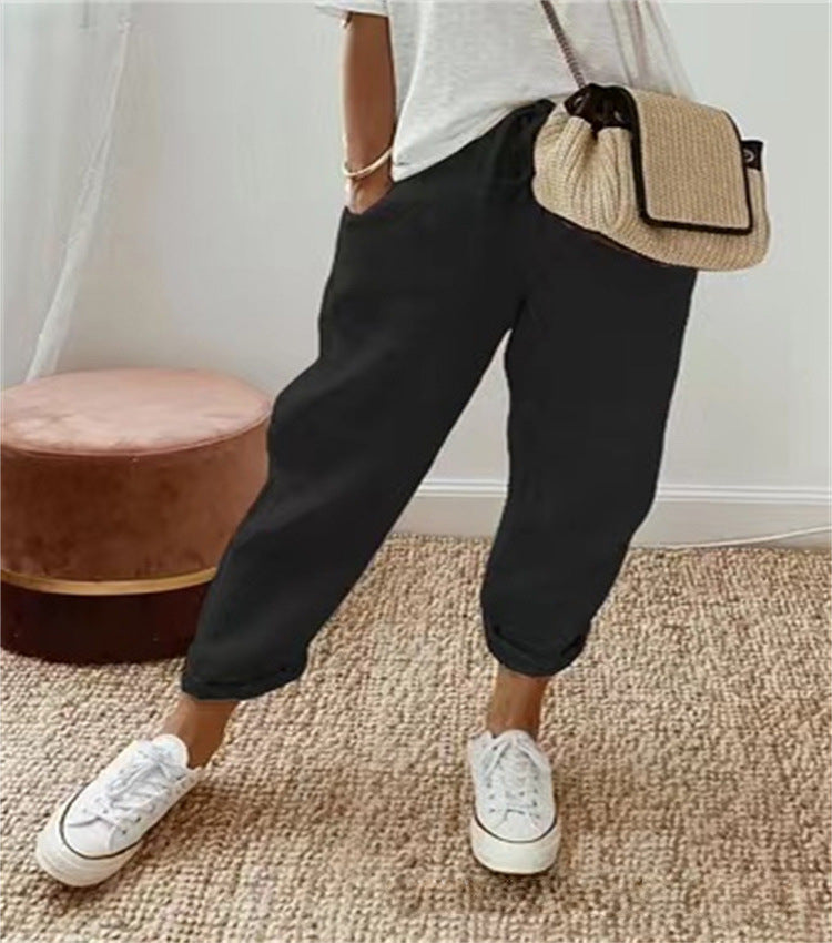 Cotton Linen Elastic-waist Cropped Casual Pants