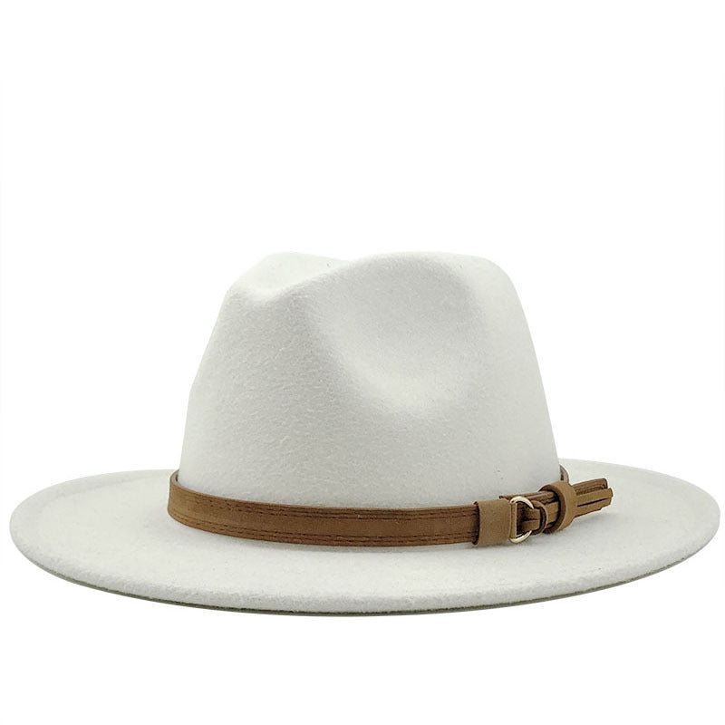 Suede Belt Wool Fedora Wide Brim Hat