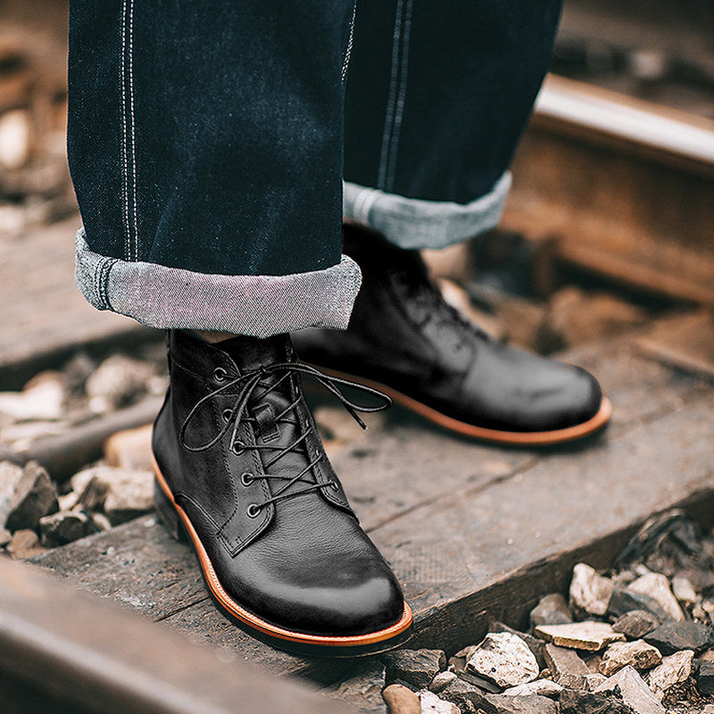 Retro Motorcycle Lace-up Leather Ankle Boots, Low Heel