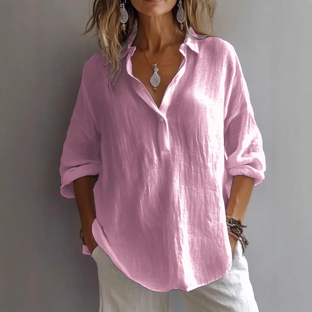 Loose Long Sleeve Linen V-neck Shirt