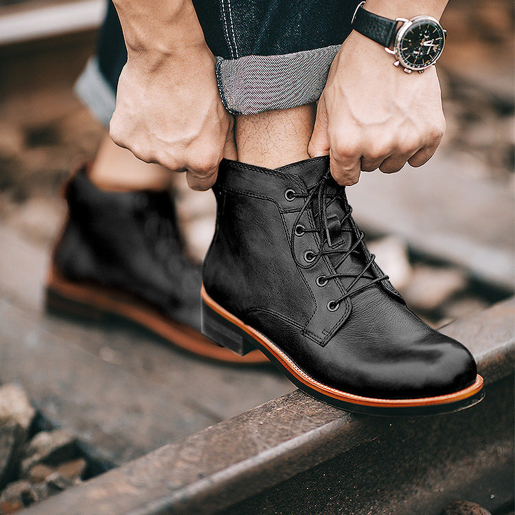 Retro Motorcycle Lace-up Leather Ankle Boots, Low Heel