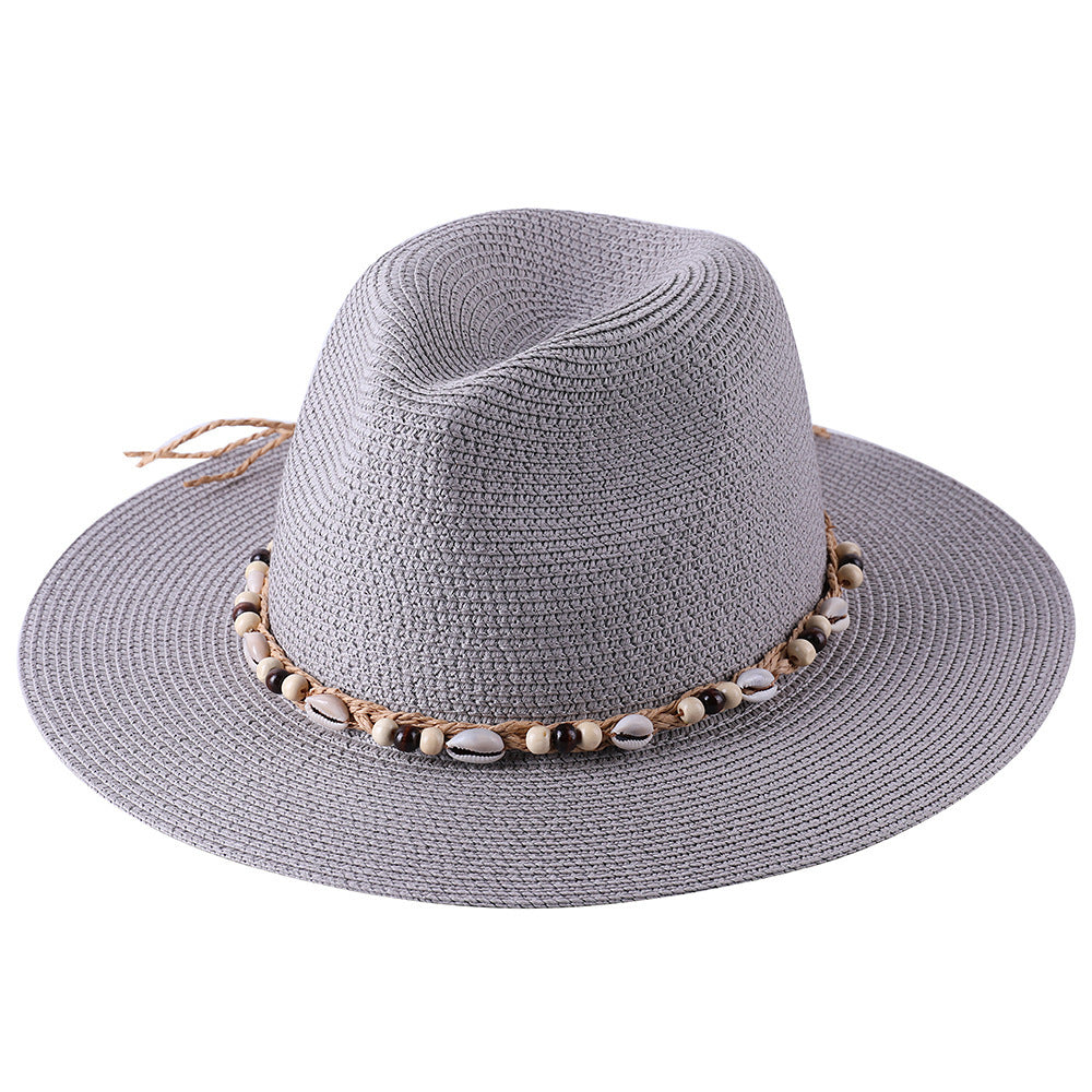 Female Summer Sun Hat with Seaside Shell Wooden Bead Band