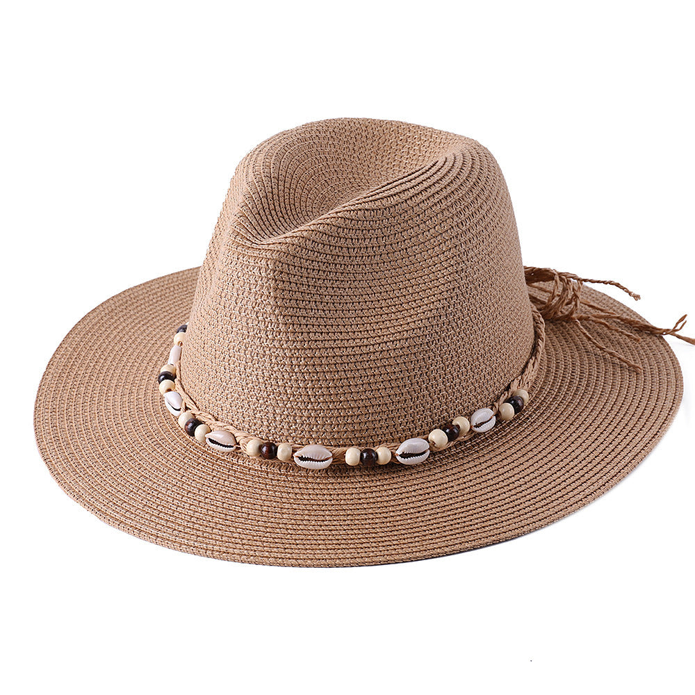 Female Summer Sun Hat with Seaside Shell Wooden Bead Band