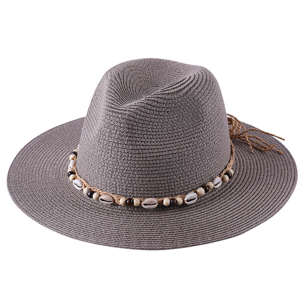 Female Summer Sun Hat with Seaside Shell Wooden Bead Band
