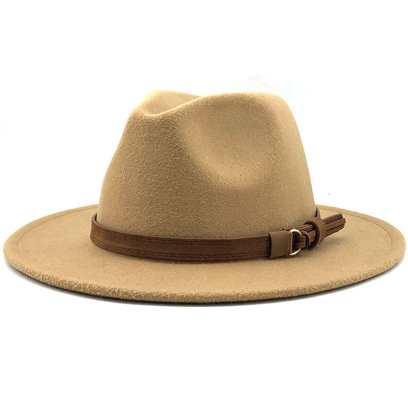 Suede Belt Wool Fedora Wide Brim Hat
